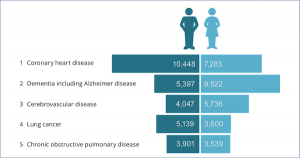 A diagram summarising the main causes of death in men and women. To access the full list of all the conditions please follow the link